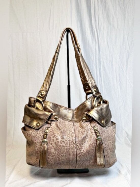 B Makowsky Large Metallic Gold Python Print Leather Zip Hobo Tote Bag - Picture 1 of 7